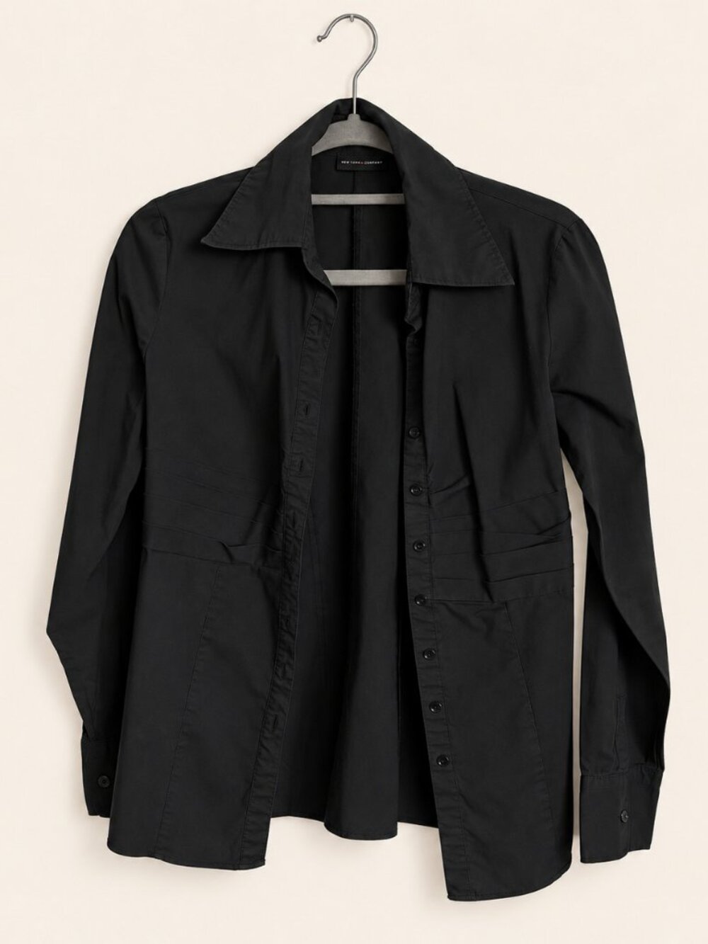 New York & Company Black Button-Up Shirt Waist Detail Long Sleeve
